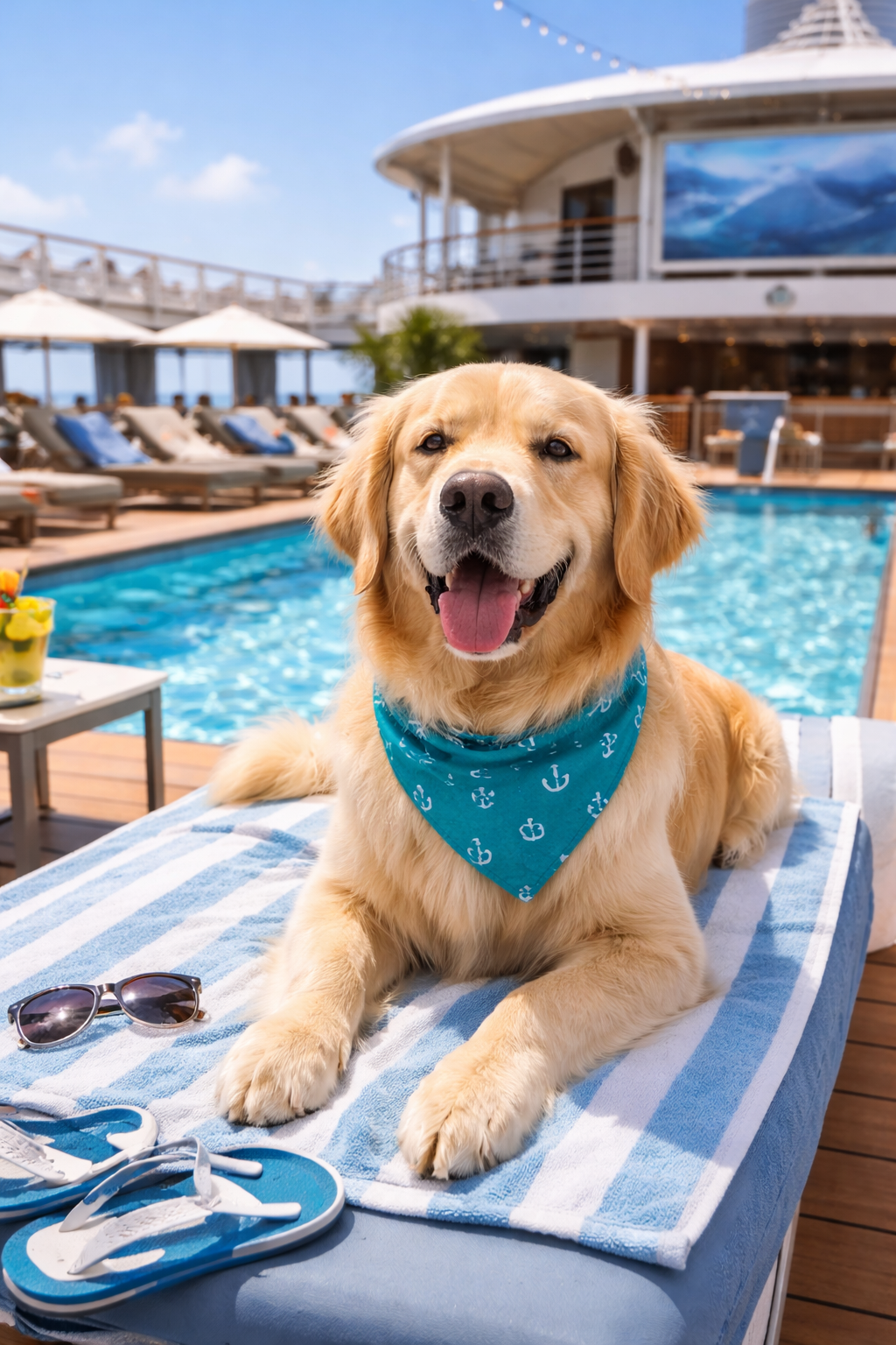 Golden retriever dog wearing a blue bandana, relaxing on a poolside lounge chair with sunglasses and flip-flops.