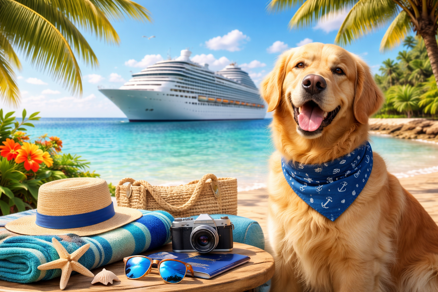 Golden retriever on tropical beach beside a cruise ship, with sunhat, camera, towel, and sunglasses