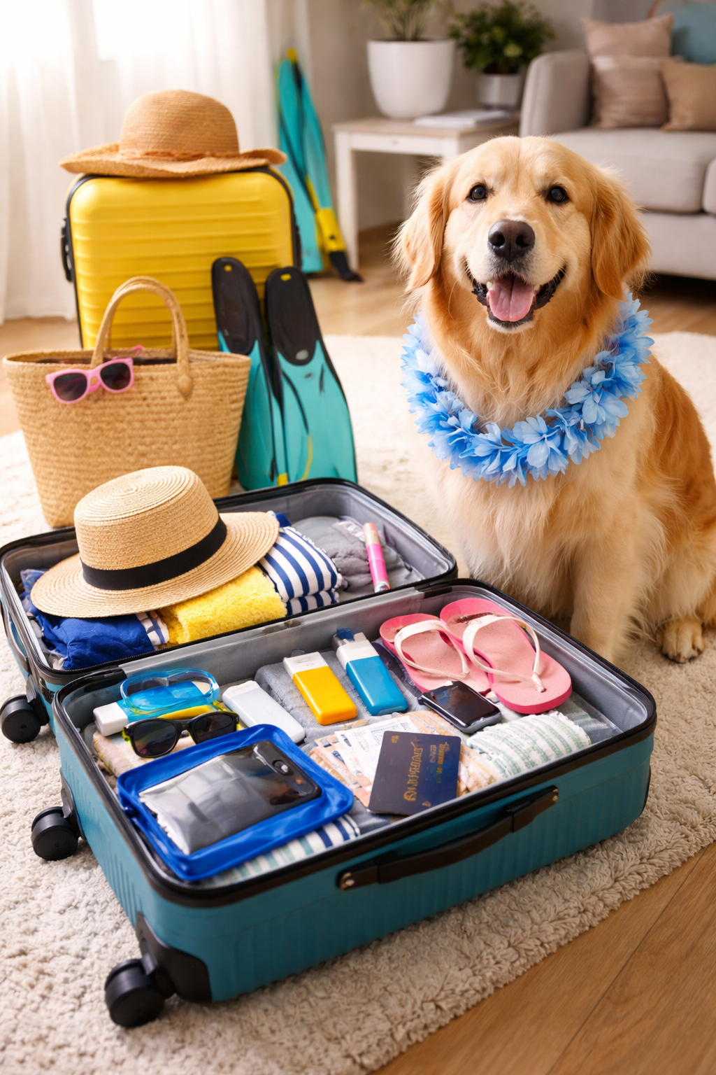 A golden retriever sitting in a living room next to a suitcase that is packed with clothes and other items for a cruise
