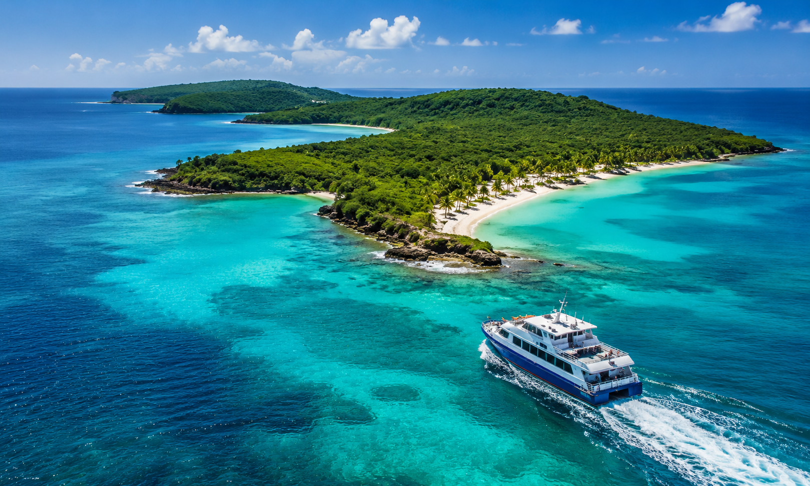 A ferry approaches a lush tropical island surrounded by clear turquoise waters in Puerto Rico.
