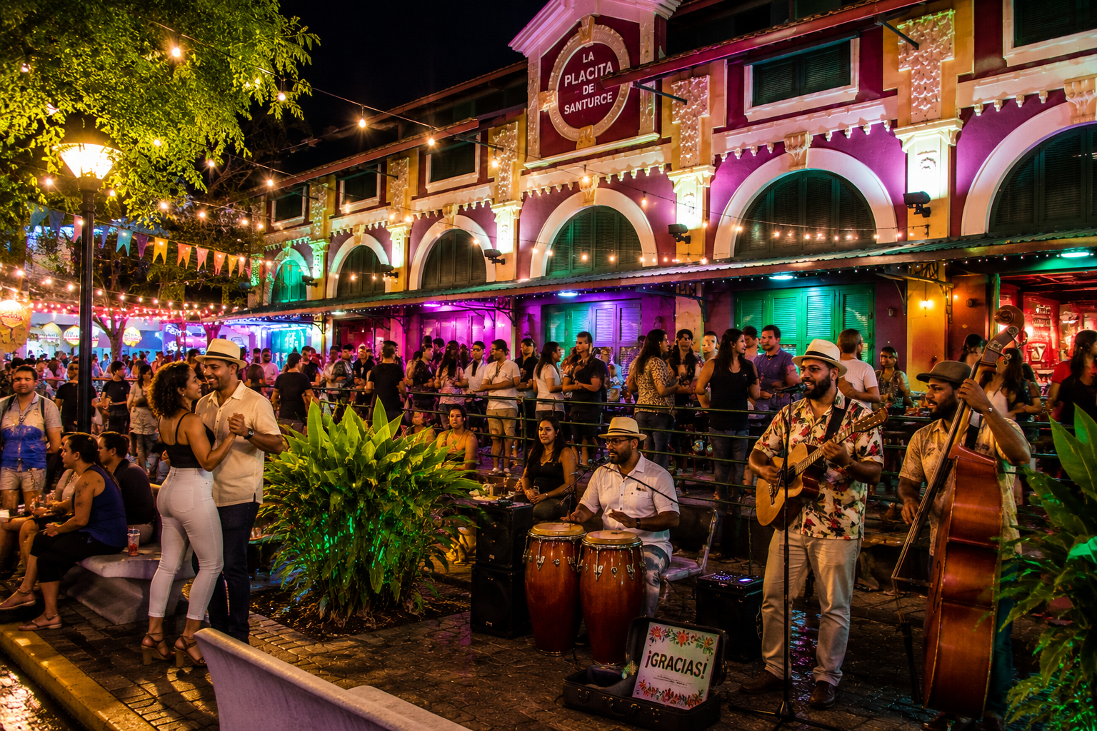 Musicians and dancers enjoy a festive evening at La Placita de Santurce in San Juan, Puerto Rico.
