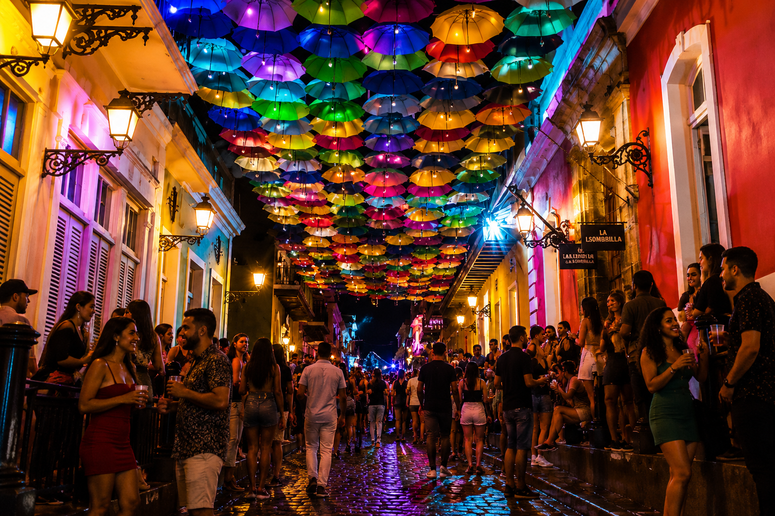 Crowds enjoy San Juan nightlife beneath colorful umbrellas and glowing lights in the historic streets.
