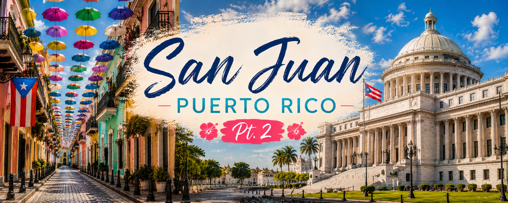 Colorful San Juan, Puerto Rico street and Capitol skyline under a blue sky, with “San Juan” text