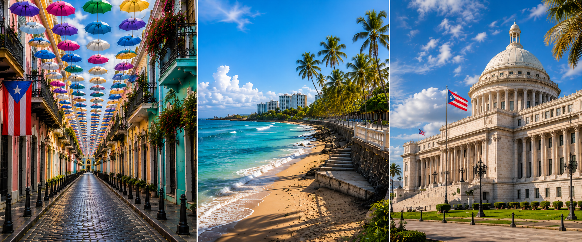 Colorful alley, tropical beach, and Puerto Rico Capitol building side by side