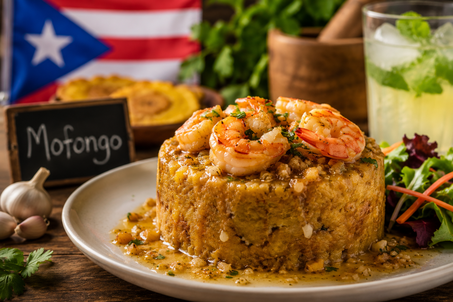 Shrimp mofongo served with garlic sauce, salad, and a Puerto Rican flag in the background.