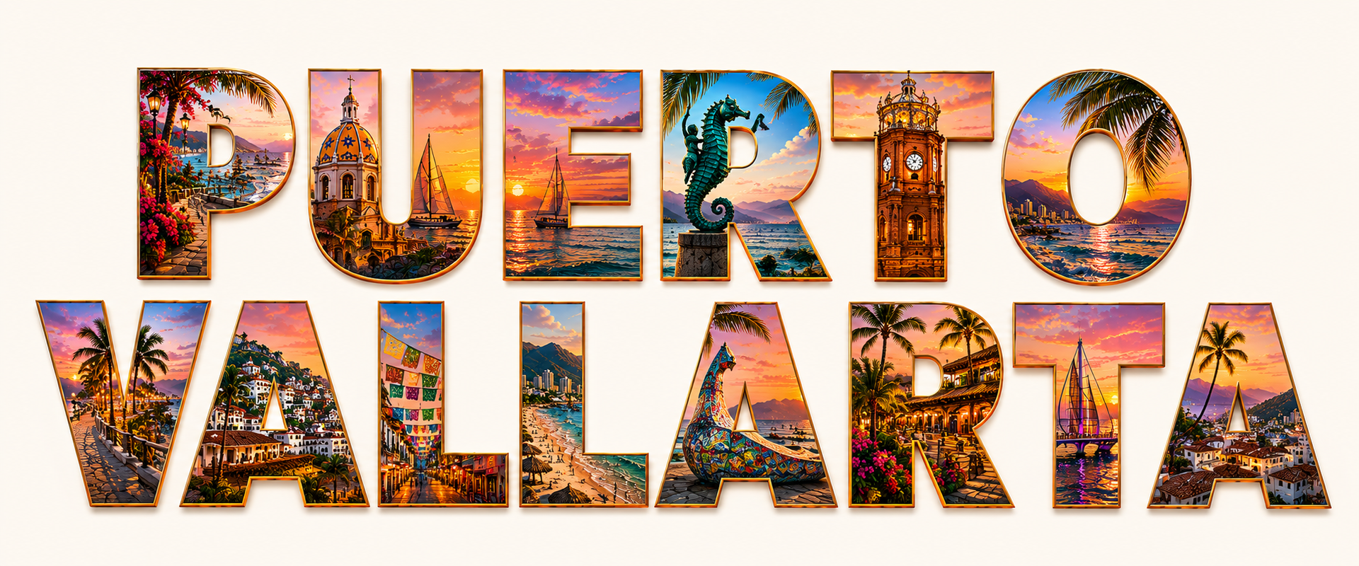 “Puerto Vallarta” text filled with a colorful cityscape and beach sunset scene
