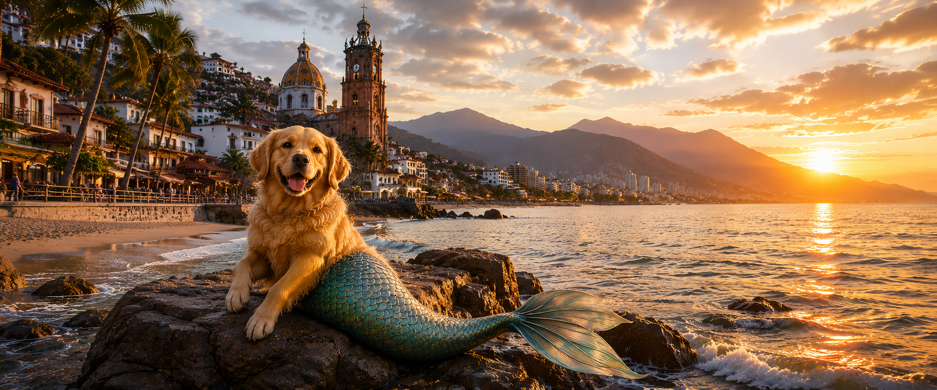 Golden retriever on a mermaid float at a sunny beach sunset with city skyline and mountains in the background