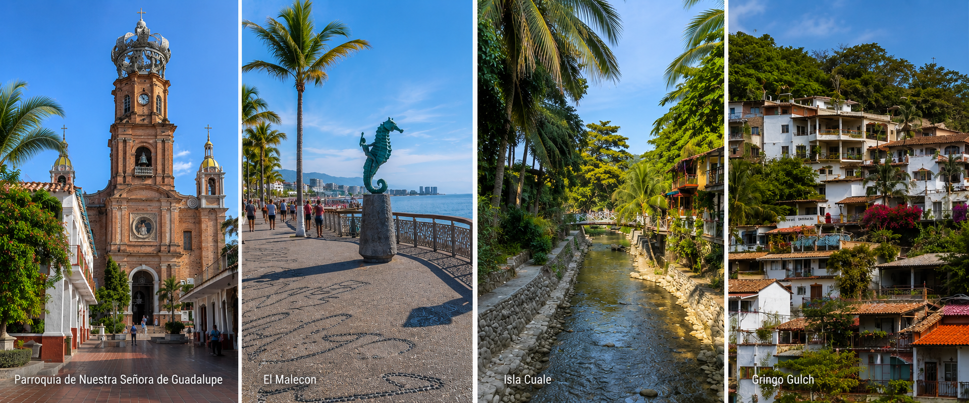 Four-panel collage of a Parroquia de Nuestra Señora de Guadalupe, El Malecon, Isla Cuale, and Gringo Gulch