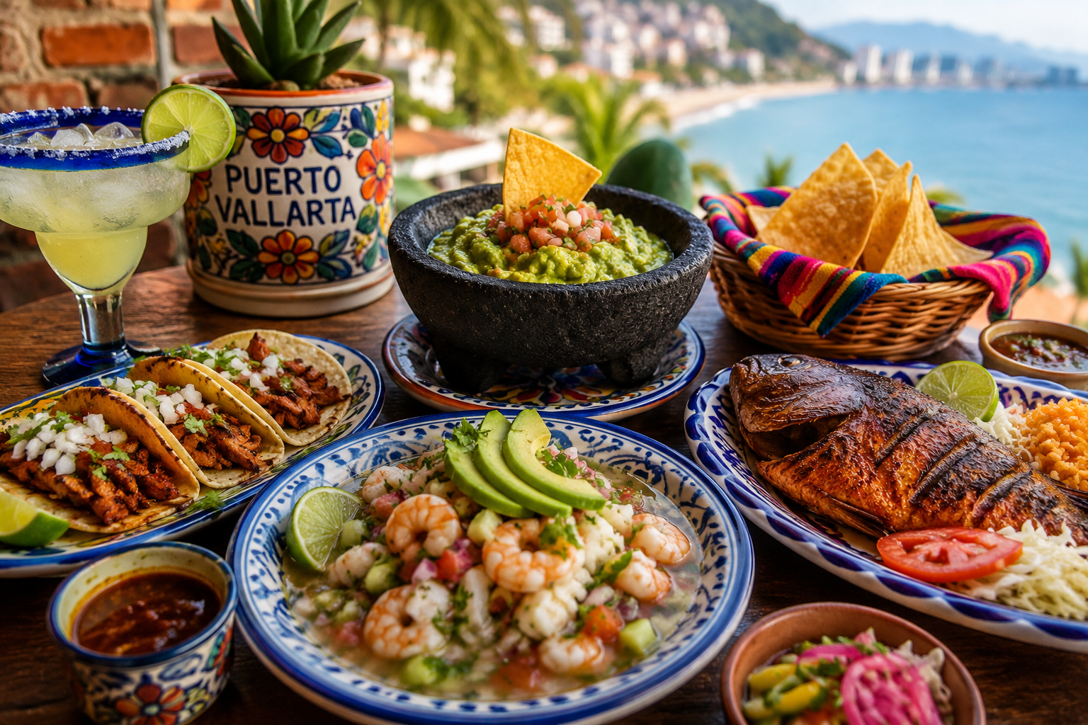 Puerto Vallarta cuisine displayed on a seaside table with ceviche, tacos, grilled fish, guacamole, and margaritas in colorful ceramic dishes overlooking the tropical Pacific coastline.