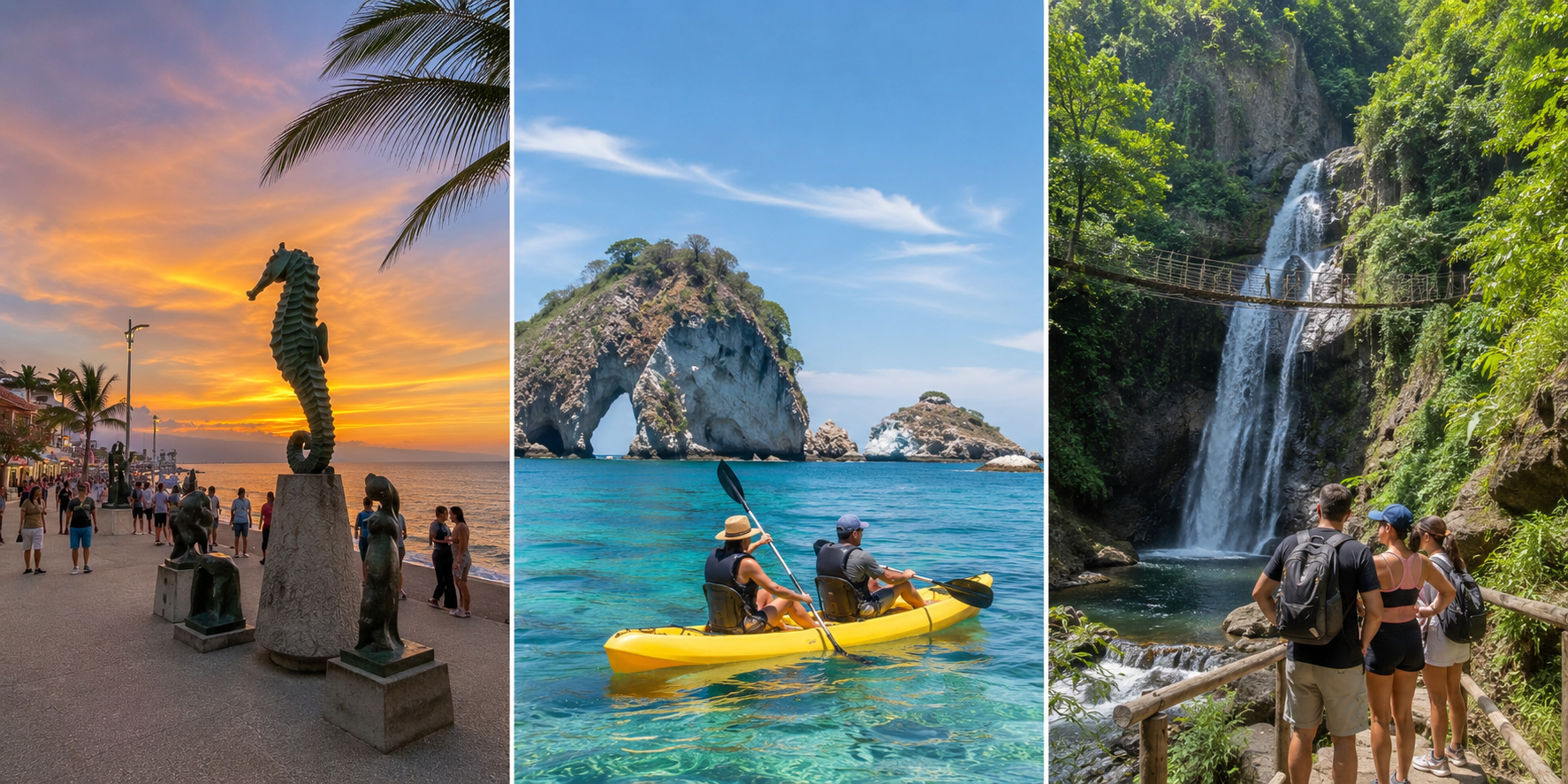 Three-panel image of Puerto Vallarta travel collage featuring El Malecón at sunset, kayakers exploring Los Arcos Marine Park’s turquoise waters, and travelers hiking to a lush Sierra Madre waterfall.