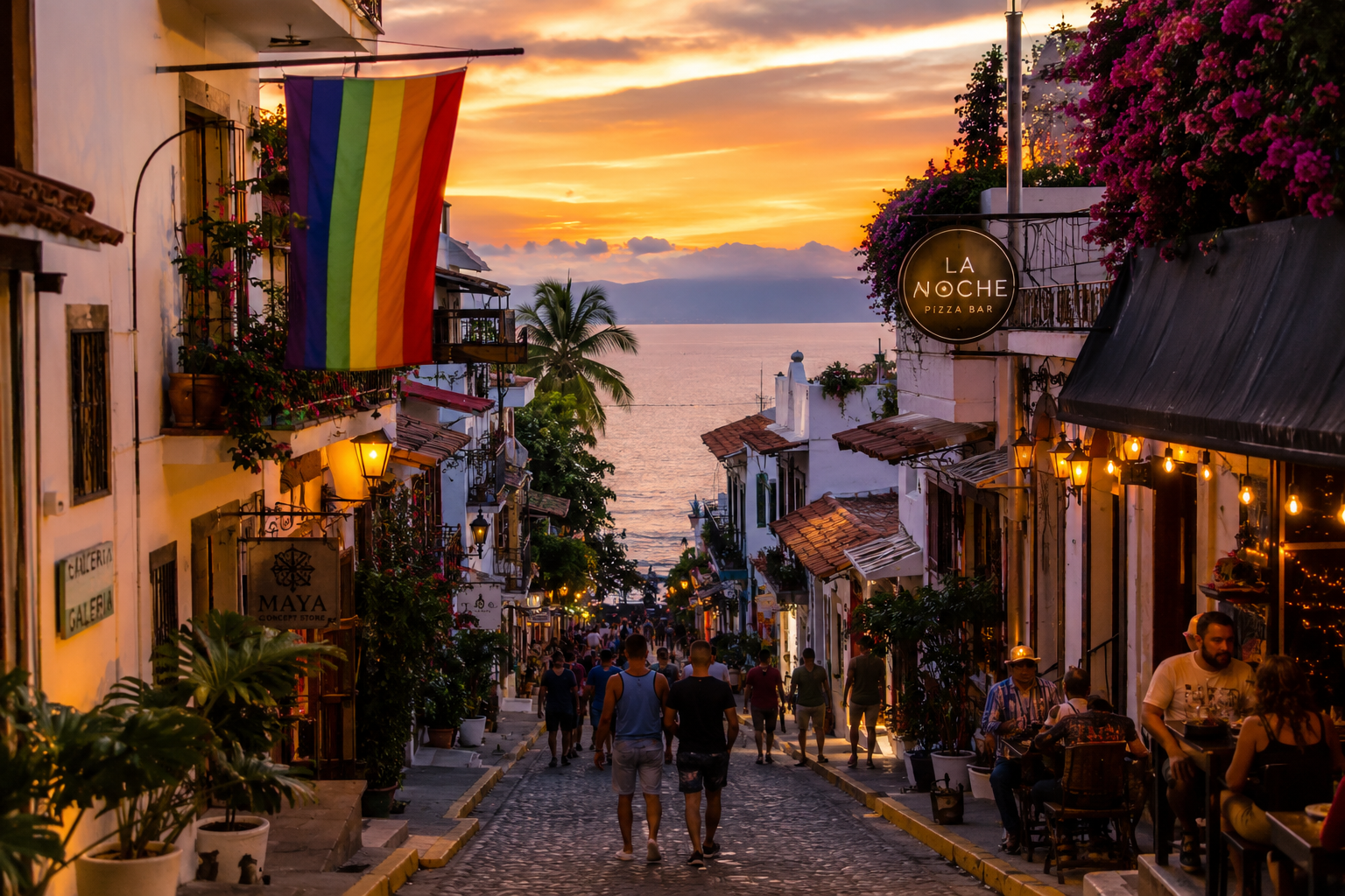 Sunset view of Puerto Vallarta’s Zona Romántica with cobblestone streets, ocean views, vibrant cafés, and a rainbow Pride flag reflecting the city’s welcoming LGBTQ+ atmosphere.