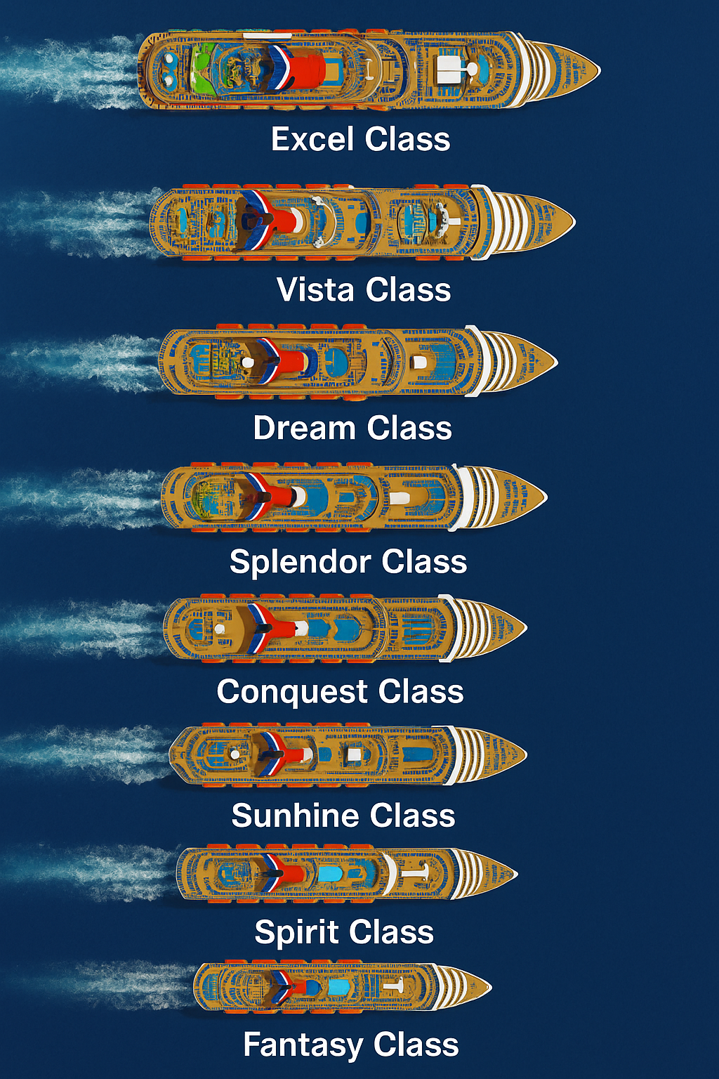 Cruise ships from Excel to Fantasy class, viewed from above, traveling across a blue sea.