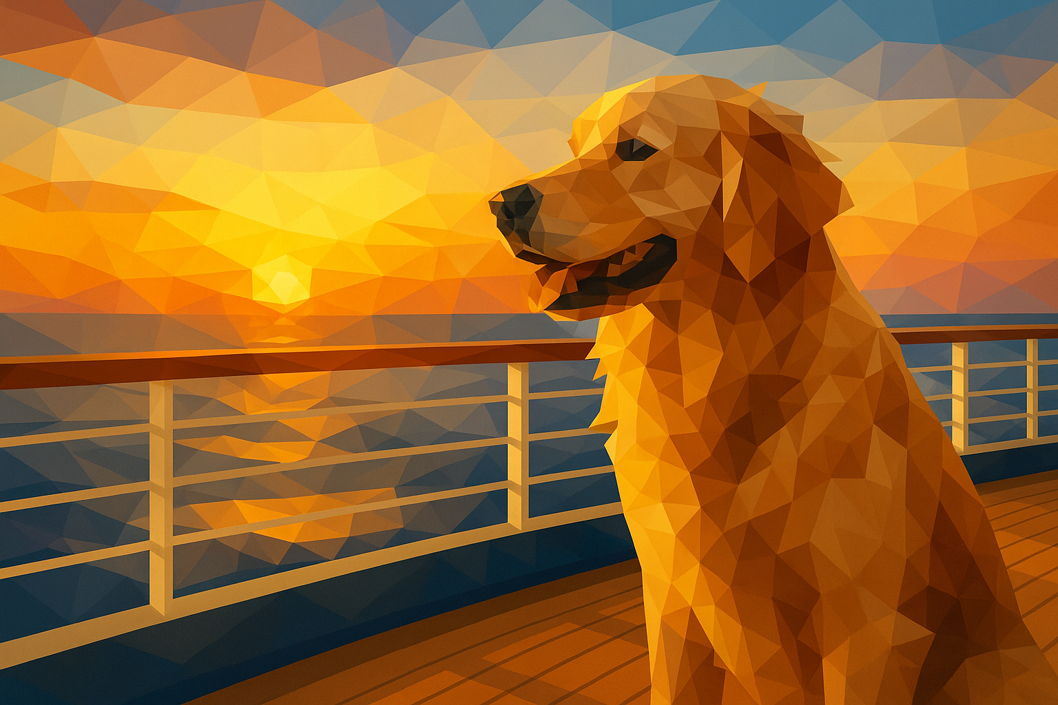Golden retriever on a boat, watching a sunset over the water.