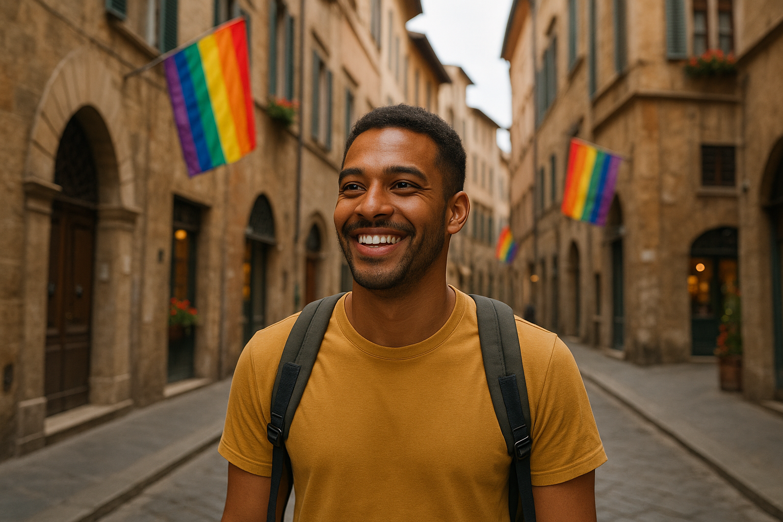 Smiling person with backpack, walking on a cobblestone street, rainbow flags in the background.