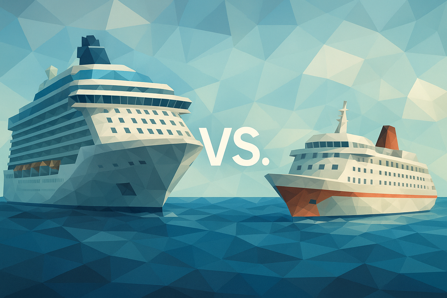 A large cruise ship facing off against a smaller ferry boat on blue water, with