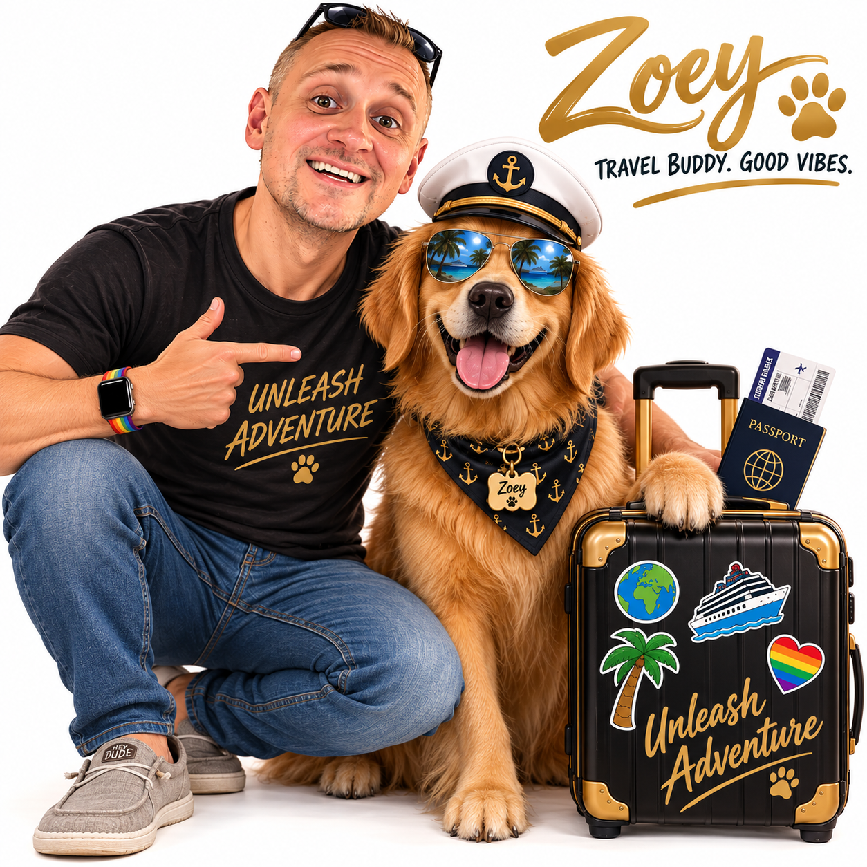Anthony poses beside Zoey, a golden retriever in a captain’s hat and sunglasses, with travel gear and a rainbow-accented adventure theme. 