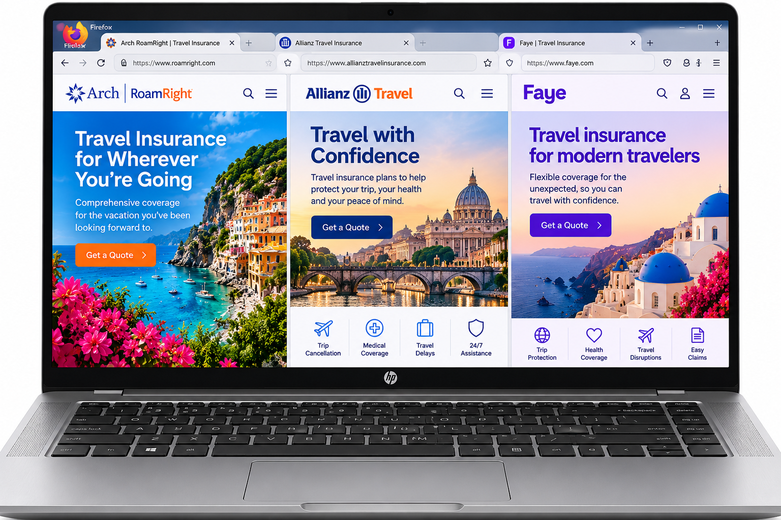 Laptop displaying three travel insurance website pages with colorful travel destination images and blue-purple layouts