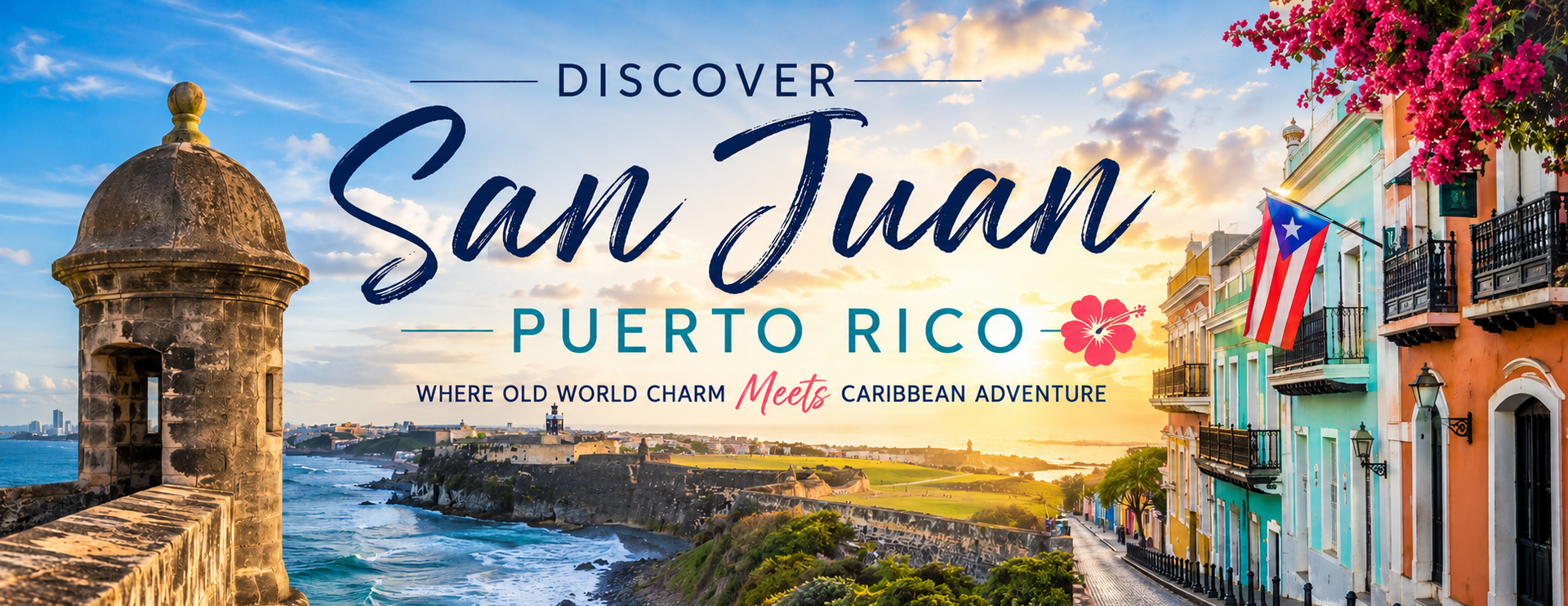 Collage of vibrant tropical coastal scenes with beaches, palm trees, colorful buildings, and historic waterfronts at sunset