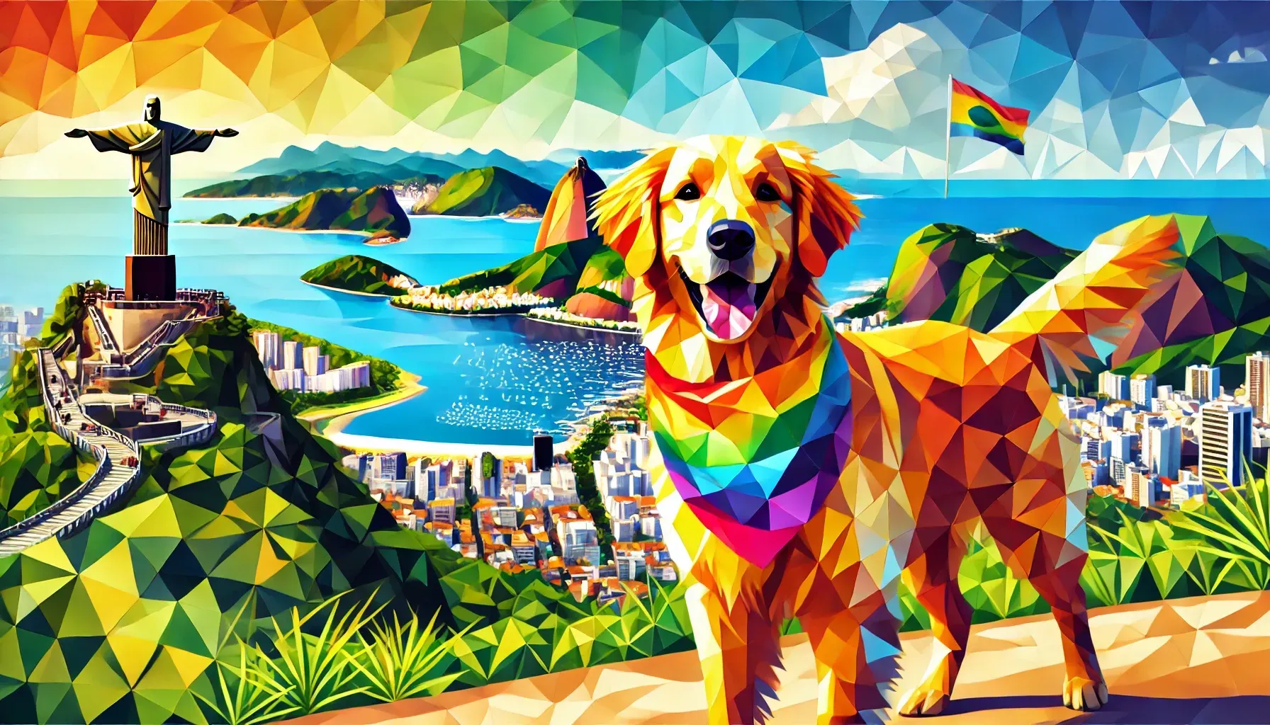 Golden retriever with rainbow bandana in Rio de Janeiro, with the Christ the Redeemer statue.