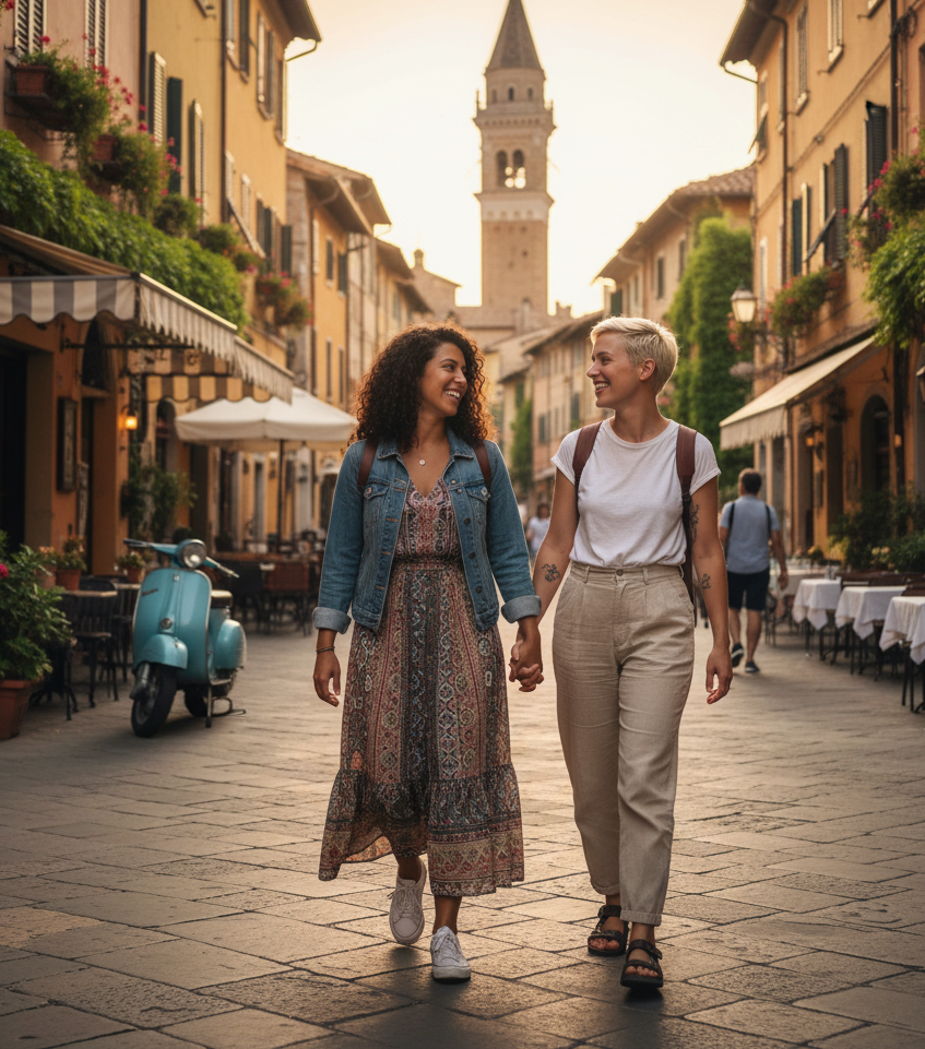 Two people hold hands, walking down a European street. Buildings line the sides, and a tower is visible in the distance.