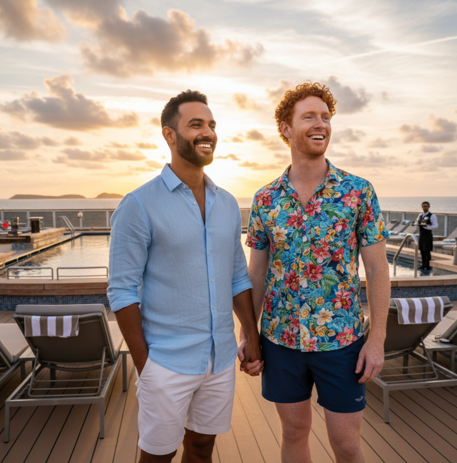 Two men holding hands, smiling, on a cruise ship deck at sunset.