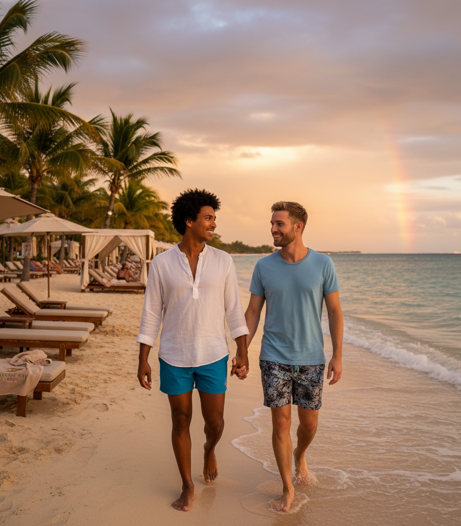 Two men walking hand-in-hand on a beach at sunset, with a rainbow in the sky.