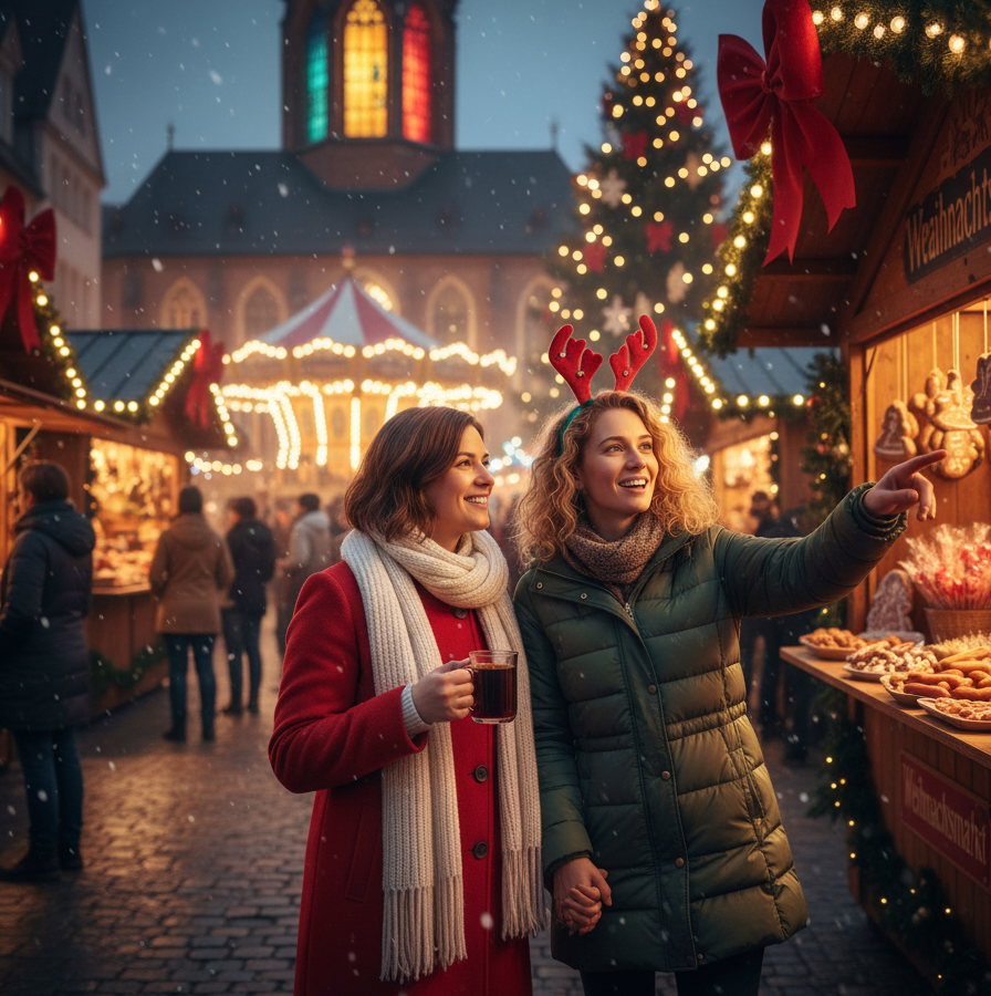 Two friends browse a festive Christmas market, one holding a drink and the other pointing at a lit stall.