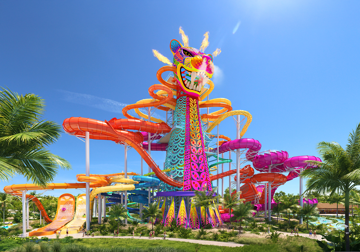 Colorful water park tower with slides and dragon-shaped structure against a blue sky.