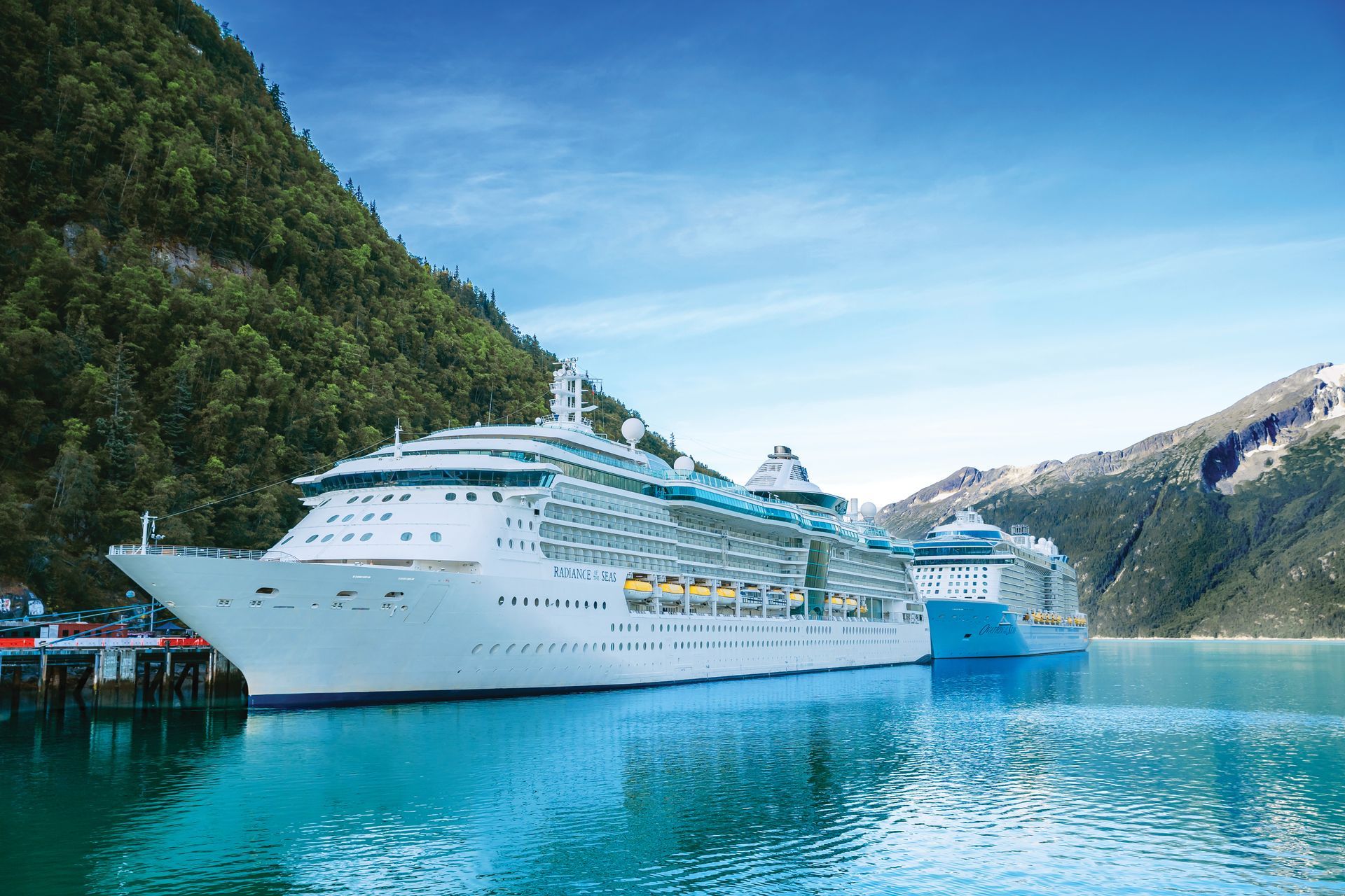 Two large white cruise ships, including 