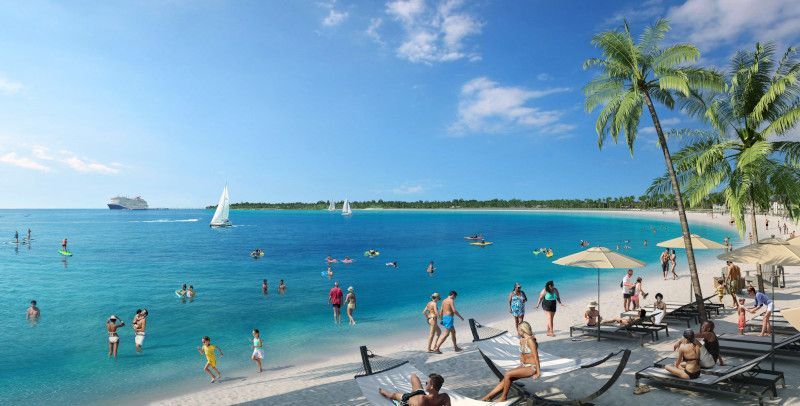 Beach scene with people swimming, sunbathing, and palm trees. Blue water, white sand, and a cruise ship in the distance.