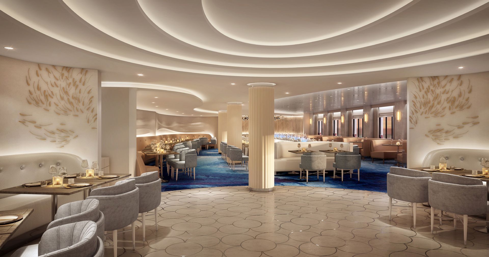 Elegant restaurant interior with blue carpet, curved ceiling, and soft lighting. Tables and chairs are gray.