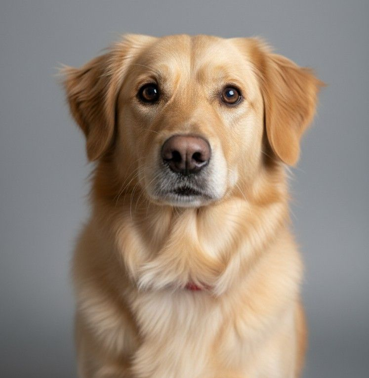 Golden retriever dog with brown eyes, looking at the camera against a gray backdrop.