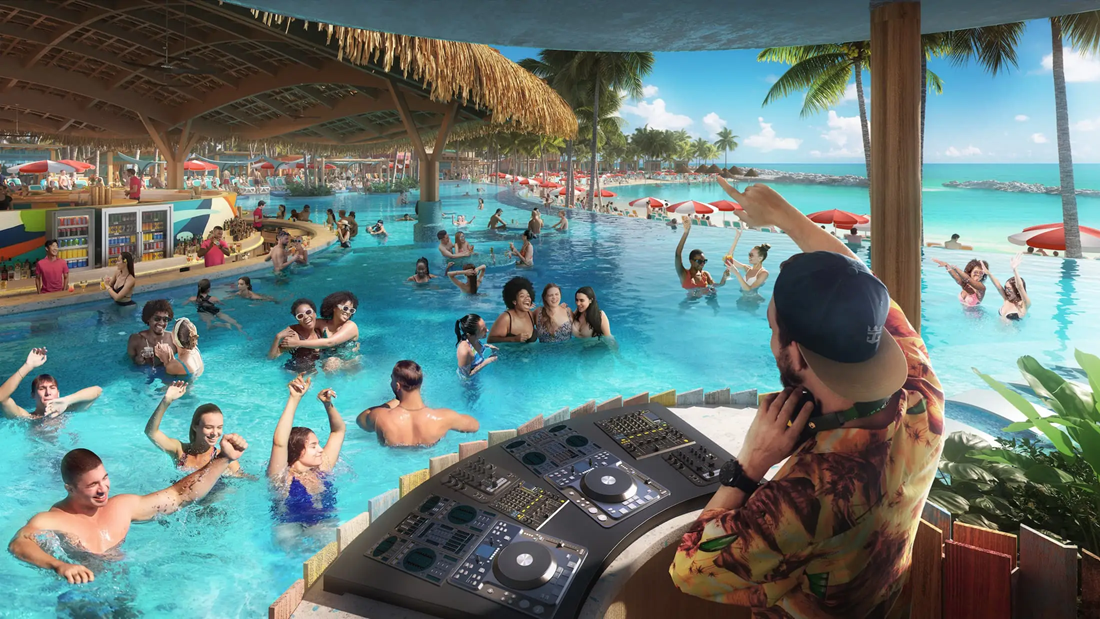 DJ at pool party; people dancing, water, beach in background.