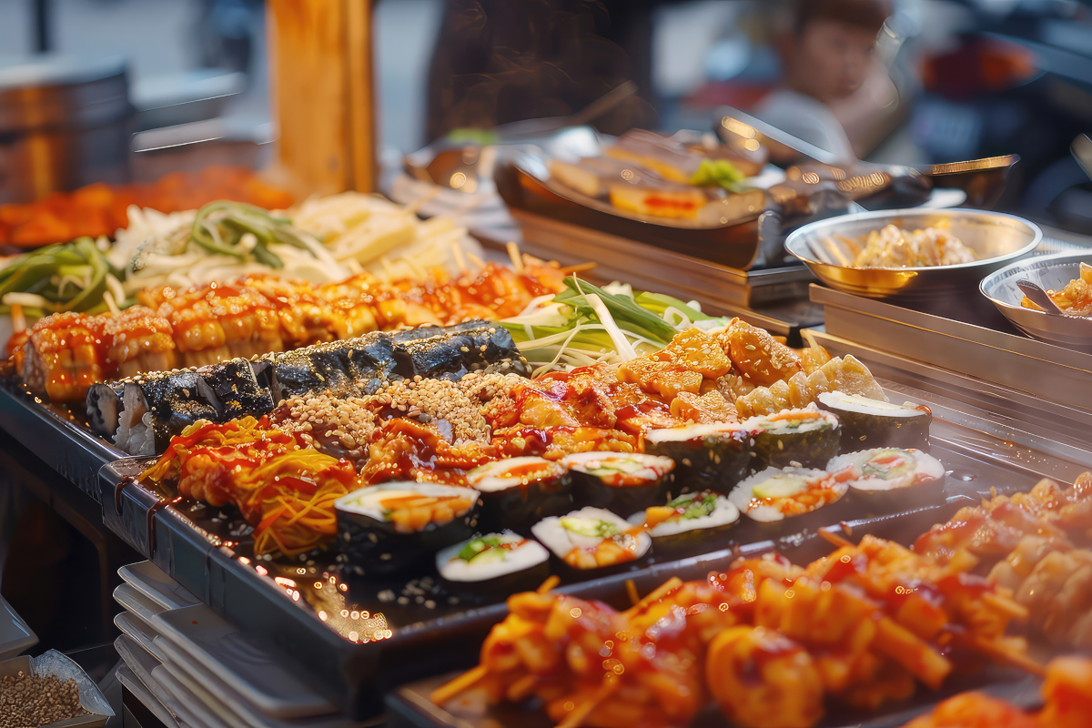 Korean street food display: gimbap, skewers, and other dishes, with someone in background.