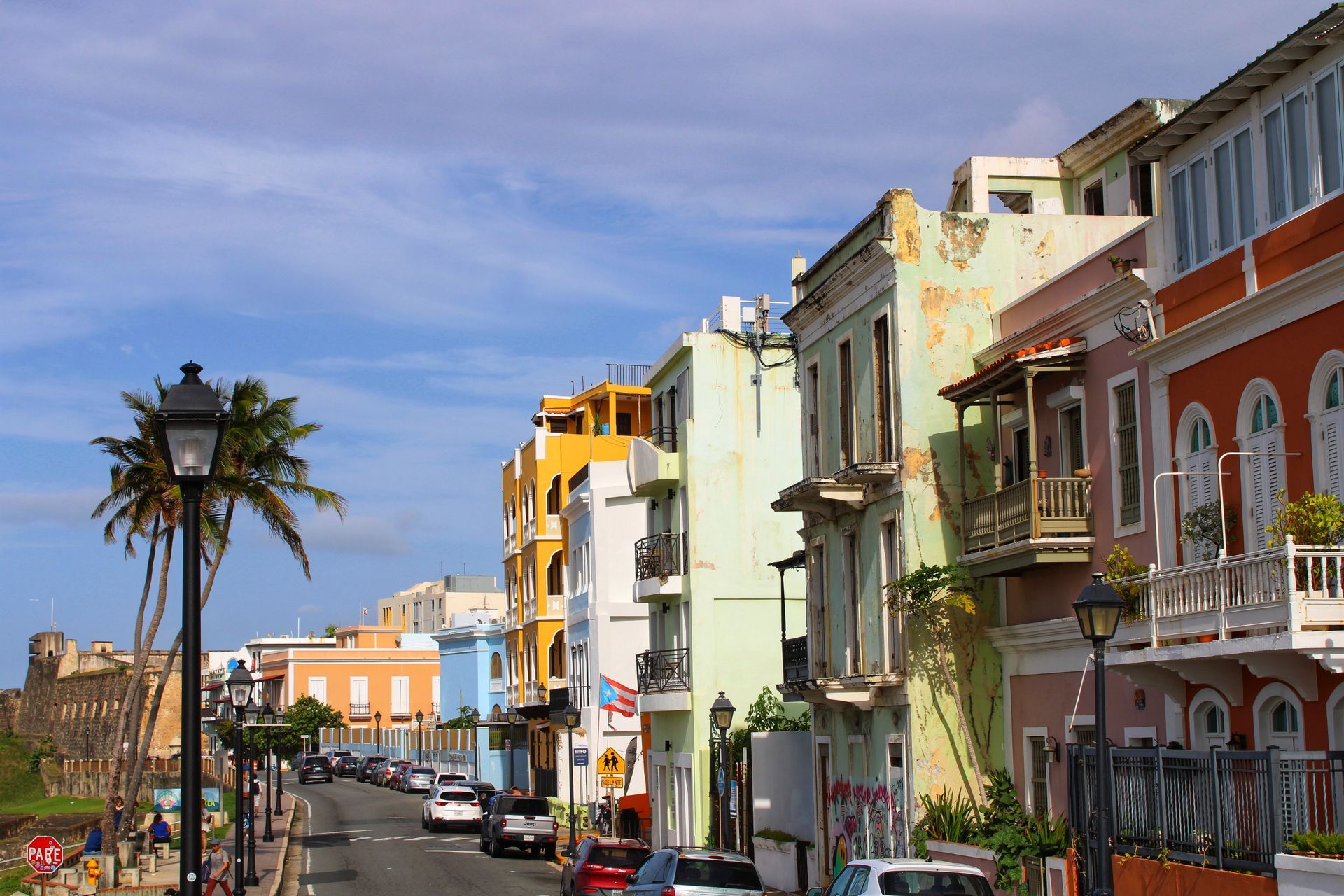 Colorful waterfront street with historic buildings, parked cars, and a tall palm tree under a blue sky