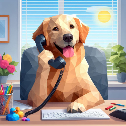 Golden retriever dog at desk talking on phone, smiling. Office setting with sun, flowers, and keyboard.