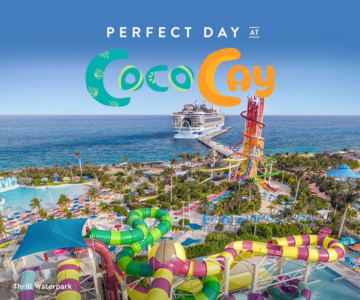 Perfect Day at CocoCay. Tropical island with cruise ship, water park with colorful slides, and blue ocean.