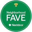 Green circular Neighborhood FAVE badge with trophy icon and Nextdoor logo | Suburban Wrench
