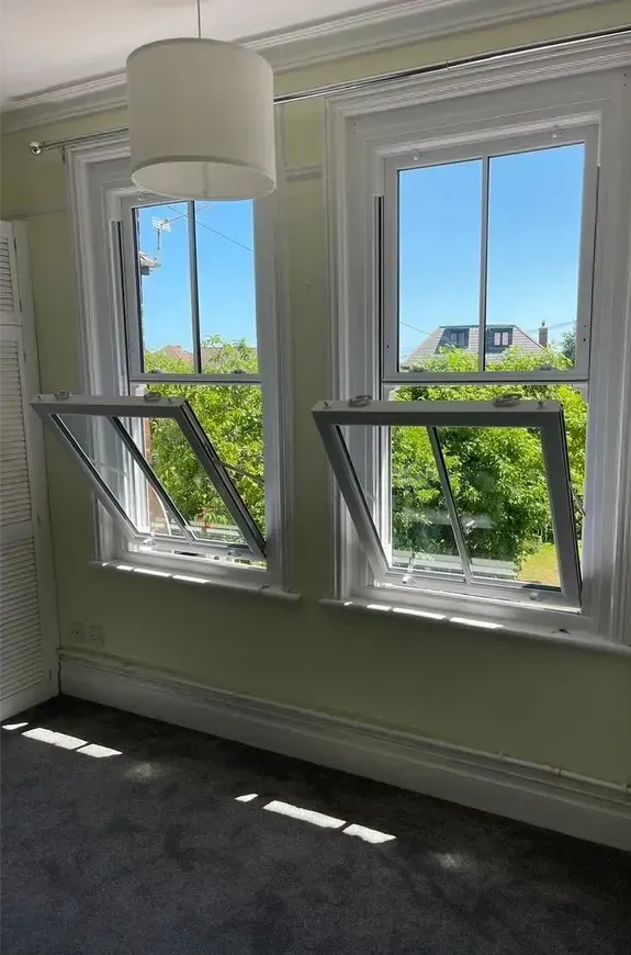 Two white sash windows open in a room with a blue sky view, trees, and gray carpet.