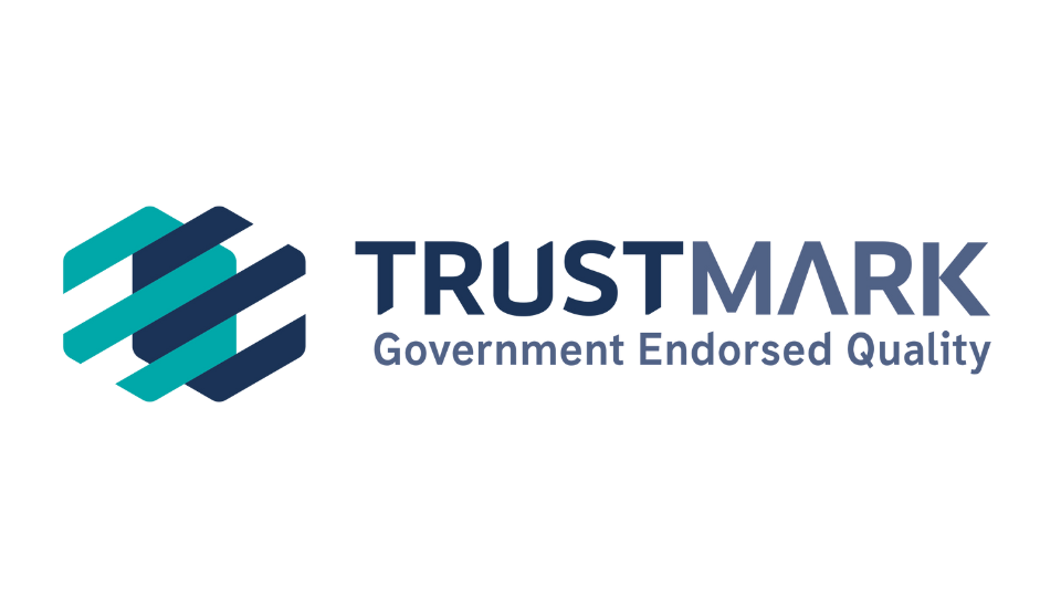 Trustmark logo: abstract blue and teal shapes next to the word 
