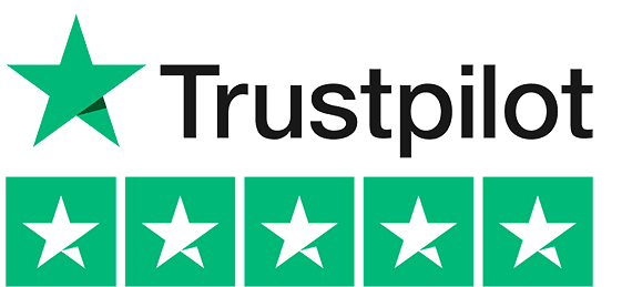 Trustpilot logo with a green star and 5 green star ratings.