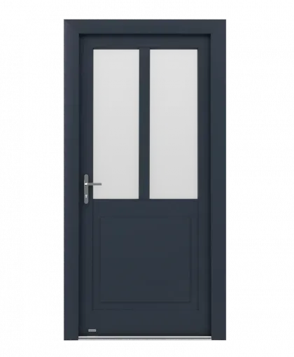 A black door with two clear glass panels on a white background.