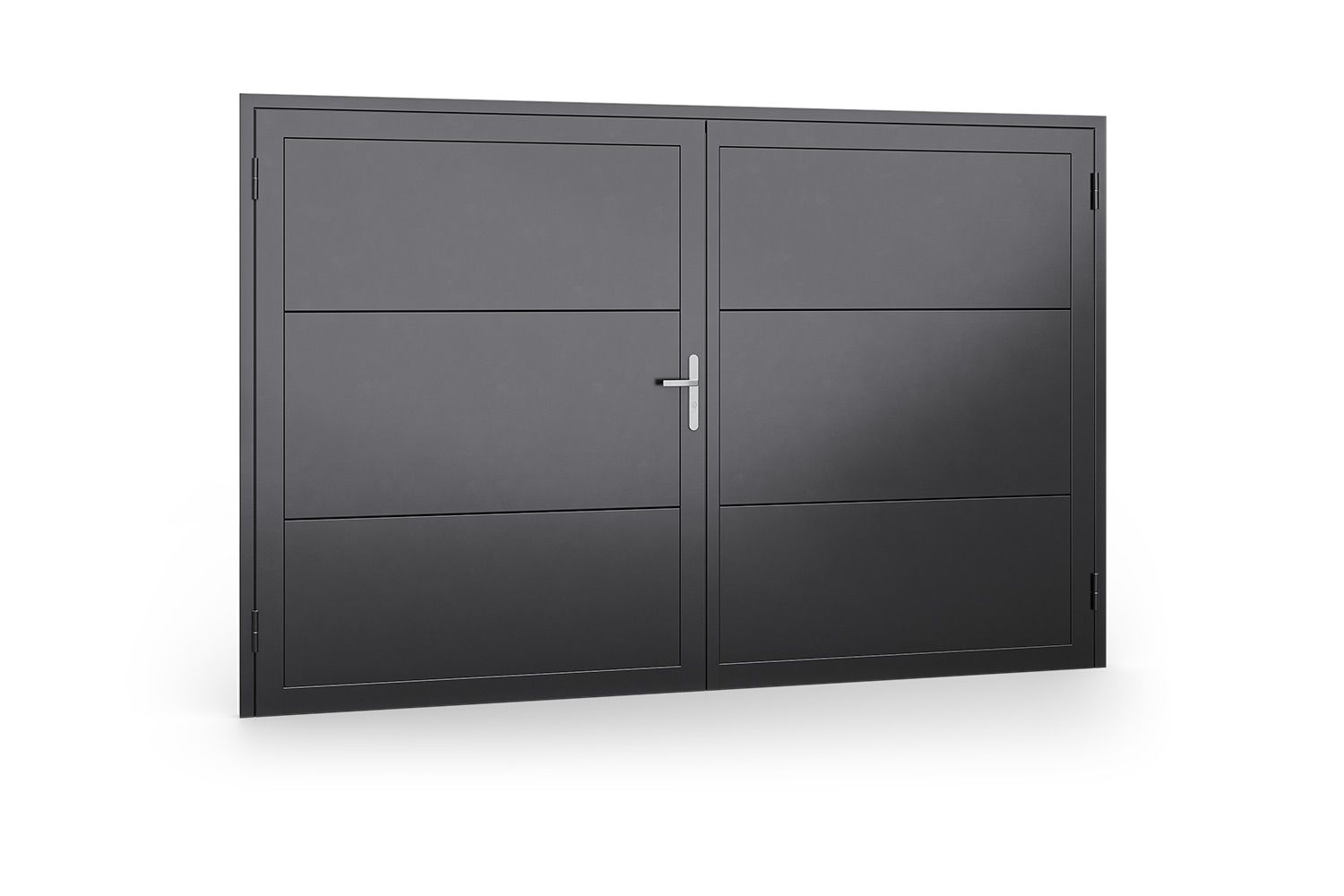 A black garage door with a handle on a white background.