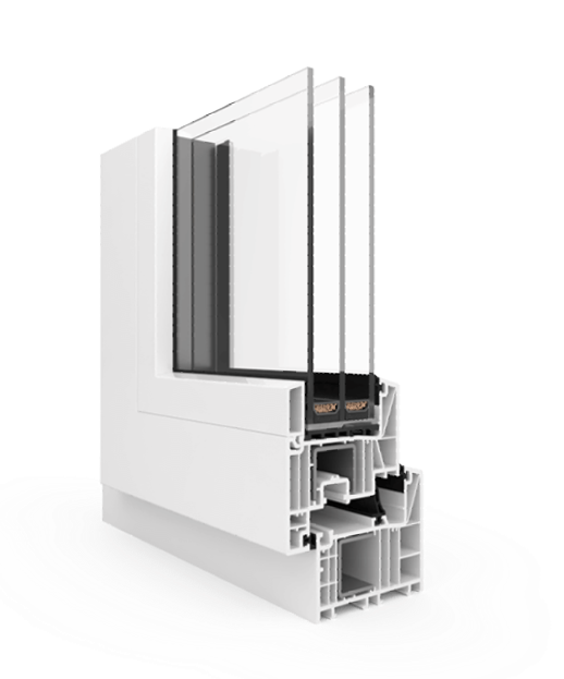 A white plastic window with three glass panes on a white background.