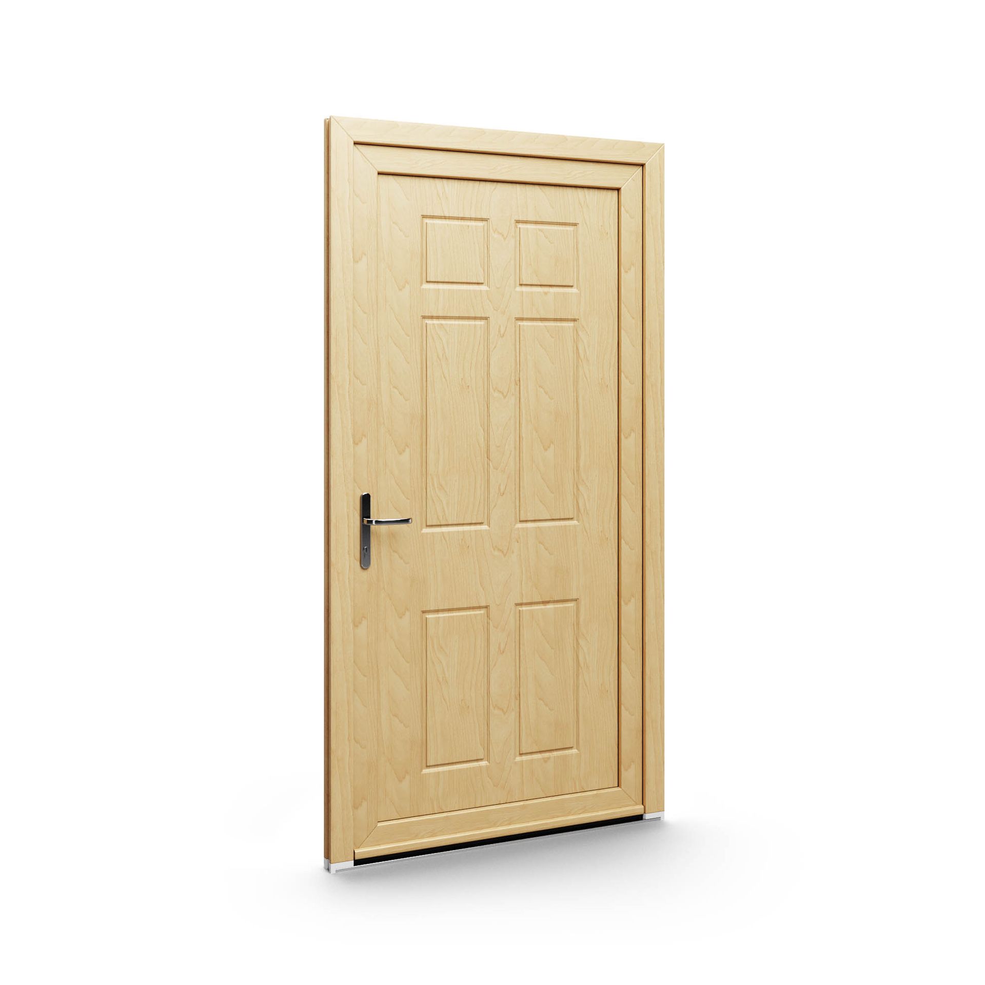 A wooden door with a handle on a white background.