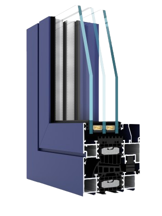 A blue window with three layers of glass on a white background.