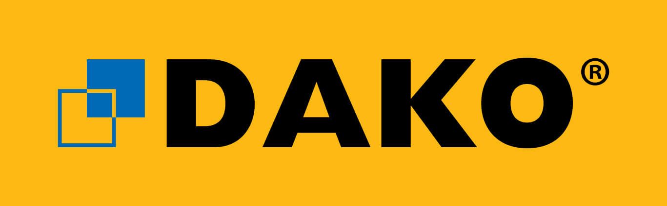 The logo for dako is on a yellow background
