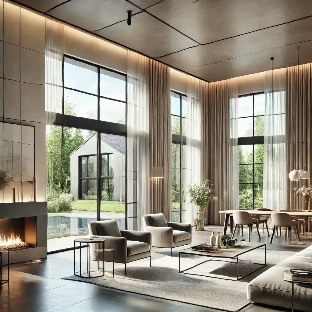 A living room with a fireplace and lots of windows