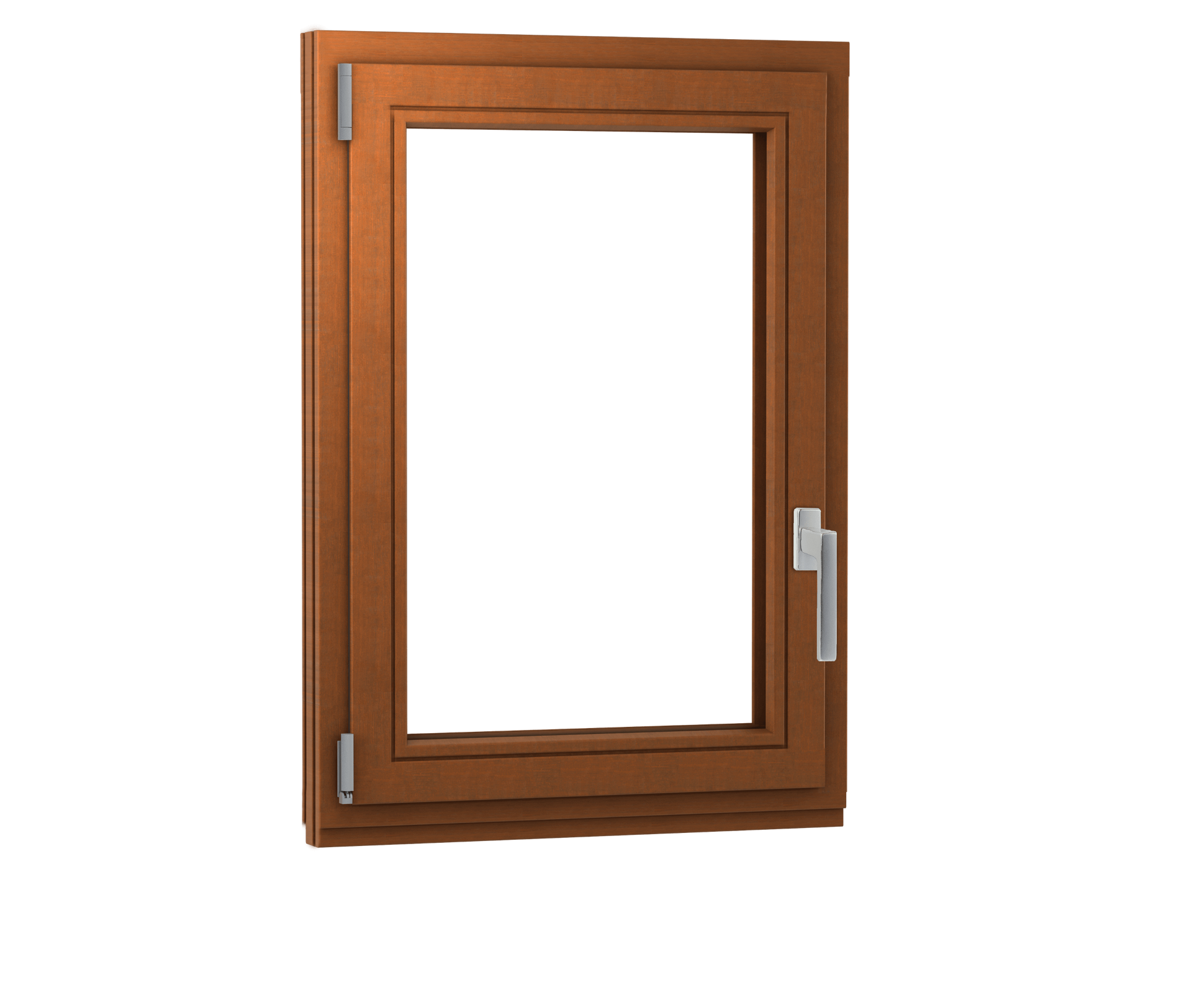 A wooden window with a white frame and handle on a white background.
