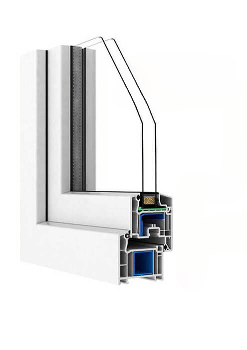 A close up of a white window with blue trim